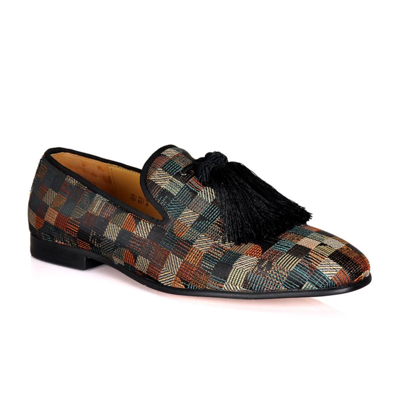 Alberto Square Embroidery Tassel Loafers Brown Khaki DAVID WEJ