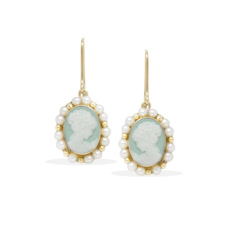 Little Lovelies Gold-Plated Green Cameo Pearly Earrings image