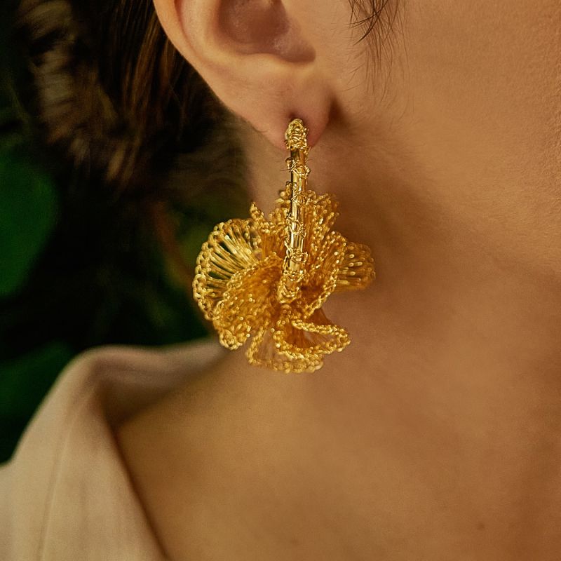 All Gold Floral Ruffled Hoops Handmade Crochet Earrings image