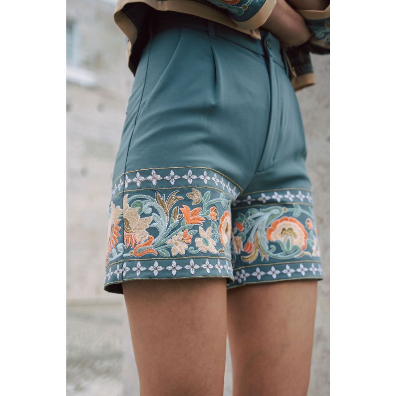 Amara Embroidered Blue Tailored Shorts image