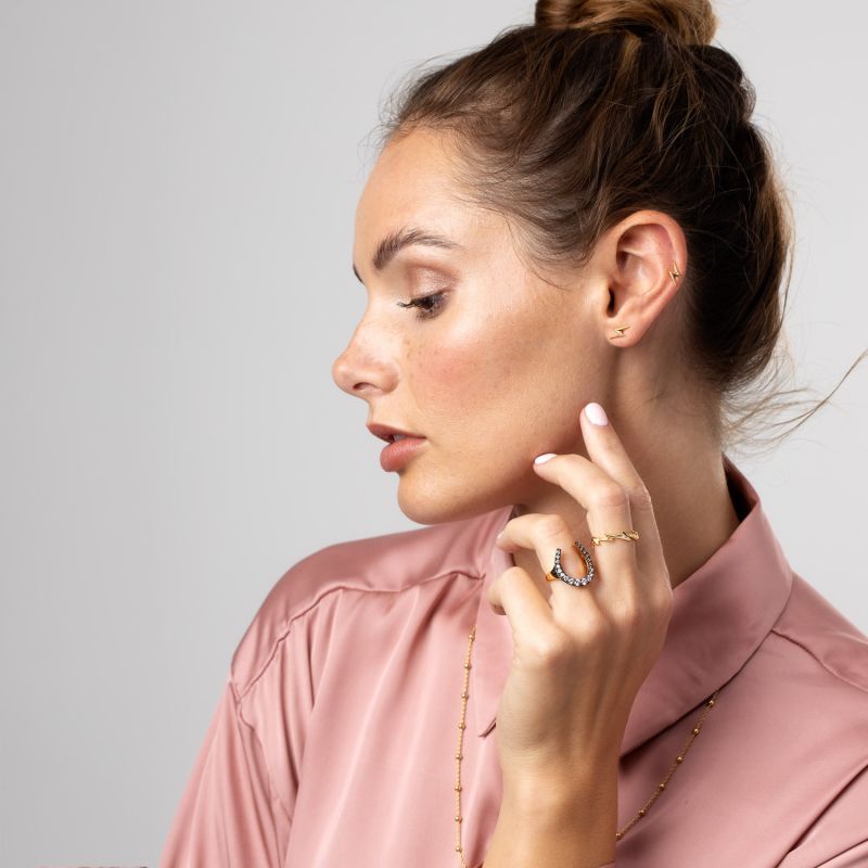 Gold & Black Horseshoe Ring With Clear Stones image