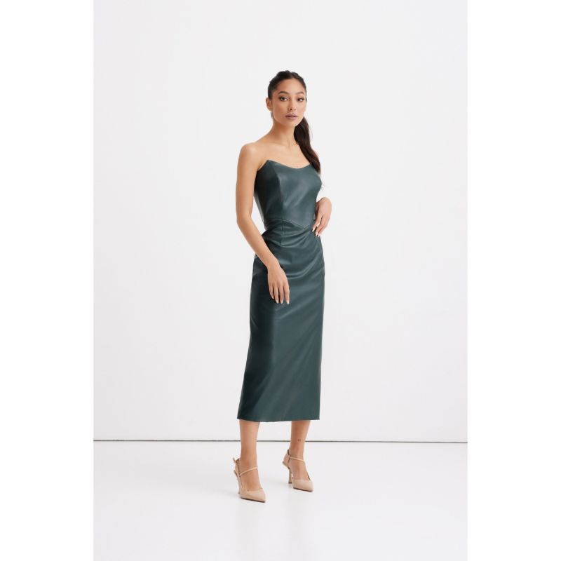 Angelina Dark Green Faux Leather Corset Midi Dress image