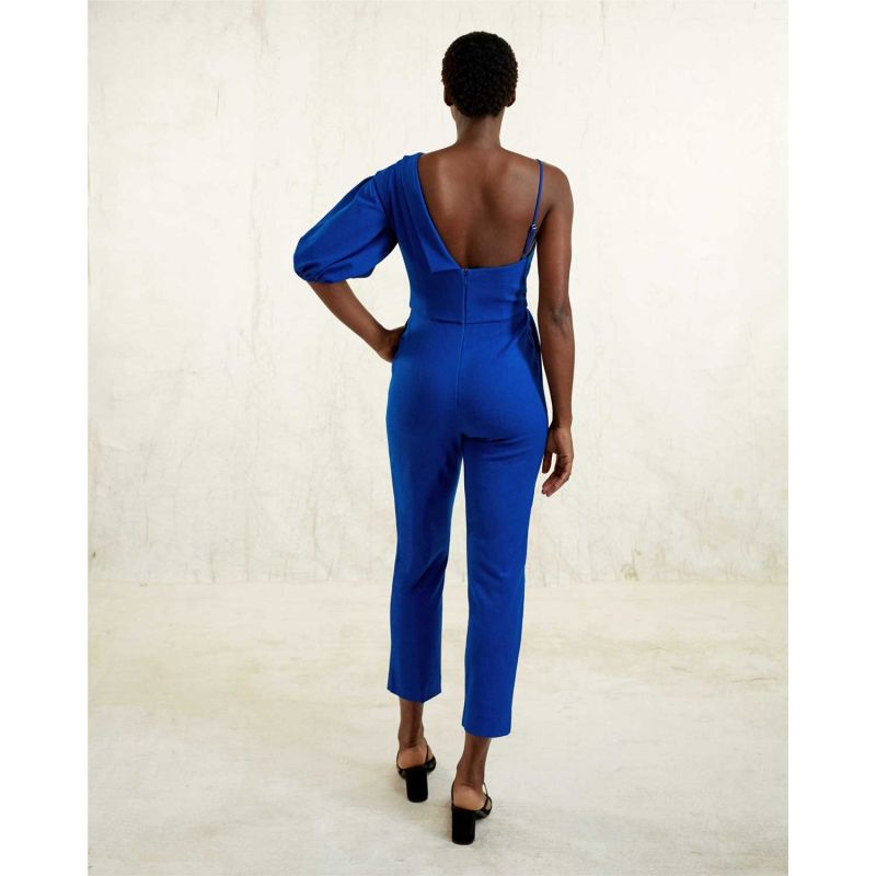 Peak Lapel Puff Sleeve Crepe Jumpsuit - Royal Blue image