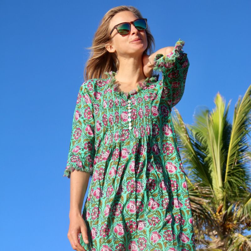 Annabel Cotton Tunic In Green & Pink Flower | At Last... | Wolf & Badger