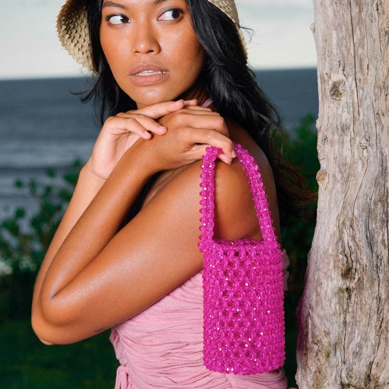 Antonia Crystal Beads Bucket Bag In Hot Pink image