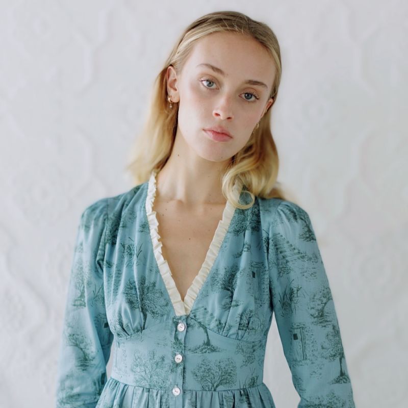 Antonia Dress In Cottage Blue + Pewter Green Toile Cotton With Milk White Ruffle And Shell Buttons image