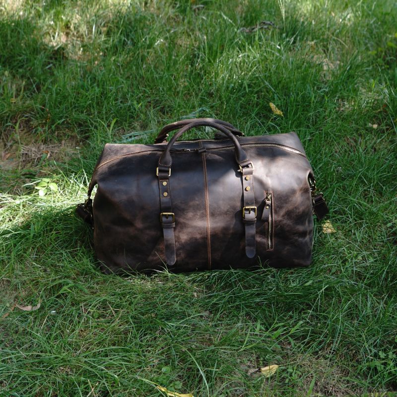 Zip Detail Genuine Leather Holdall - Worn Brown image