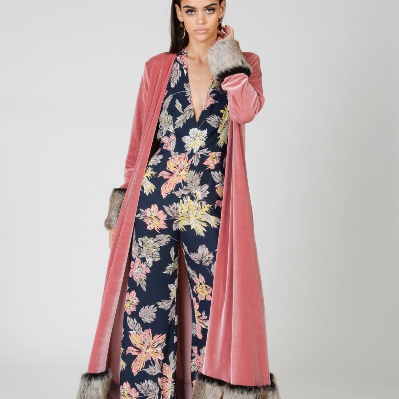 Blush Velvet Faux Fur Coat Duster image