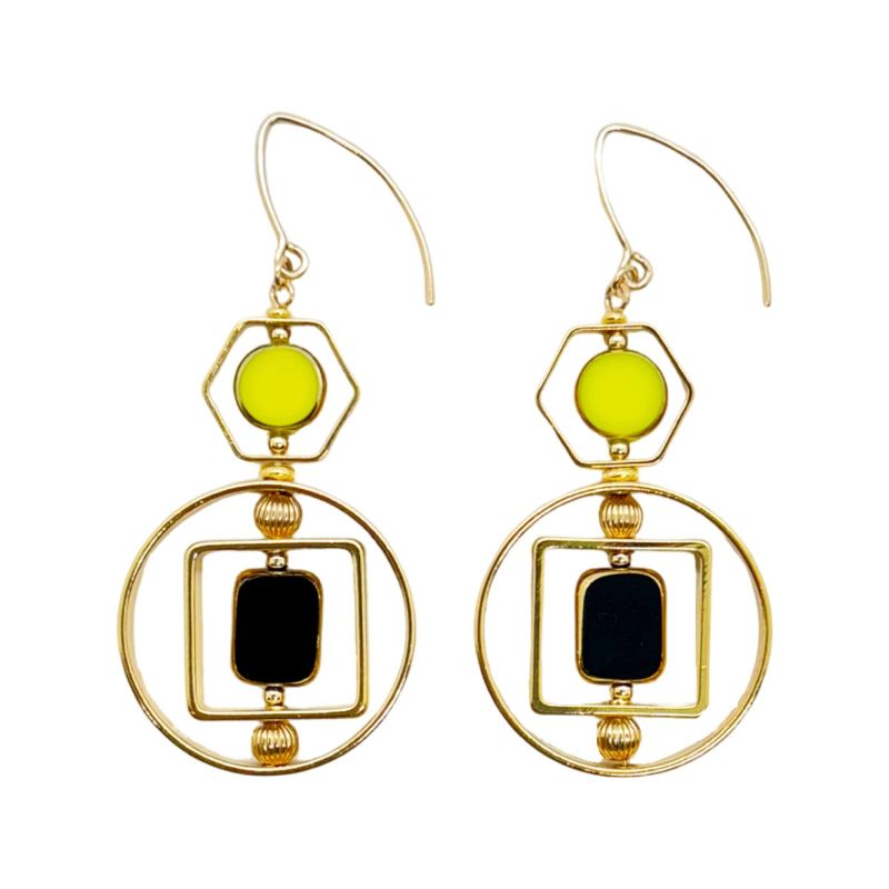 Black And Chartreuse Vintage German Glass Beads Art Deco Earrings image