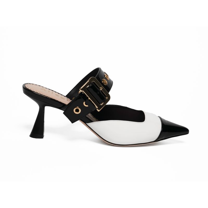 Arianna Black And White Patent Dressy Mid High Heel Leather Work