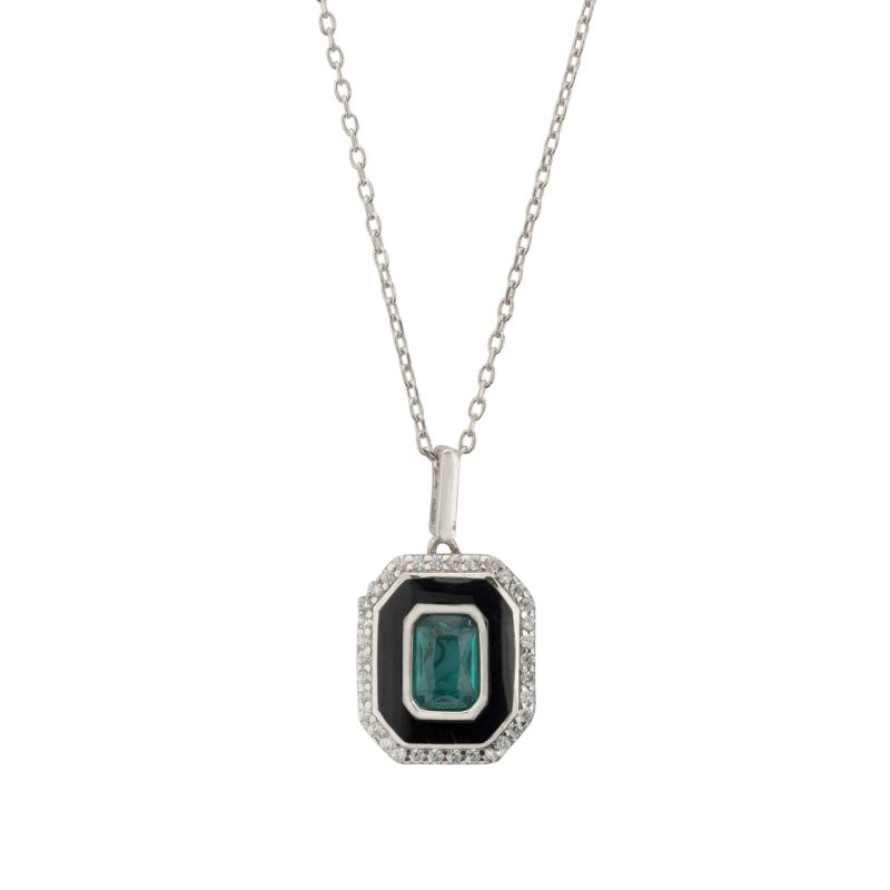 Art Deco Emerald And Enamel Pendant Necklace Silver image