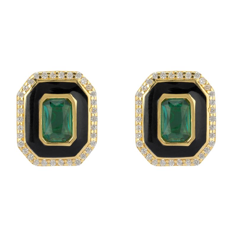 Art Deco Emerald And Enamel Stud Earrings Gold image