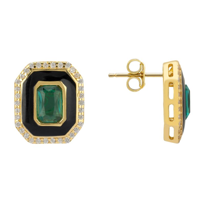 Art Deco Emerald And Enamel Stud Earrings Gold image