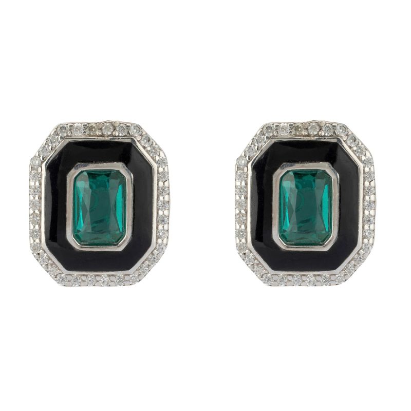 Art Deco Emerald And Enamel Stud Earrings Silver image