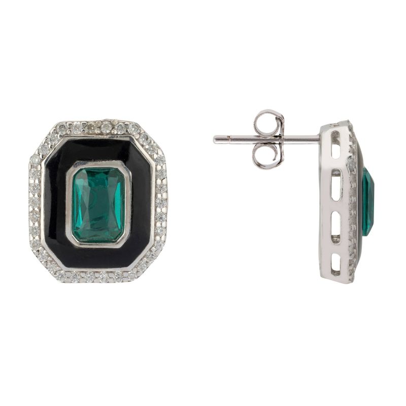 Art Deco Emerald And Enamel Stud Earrings Silver image