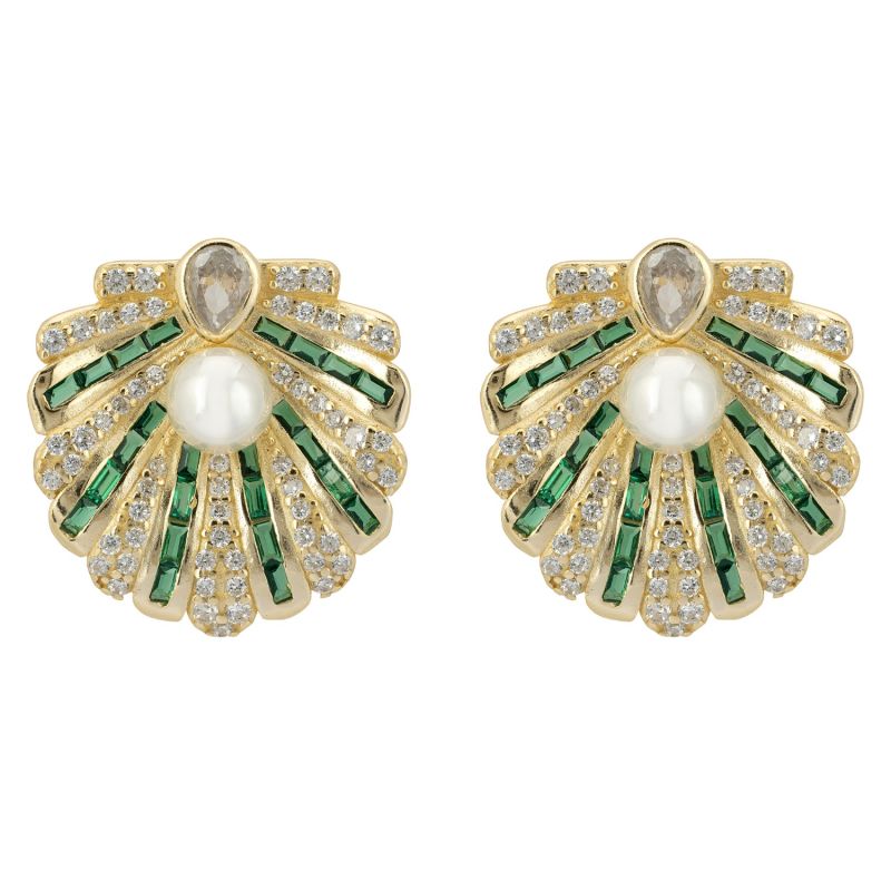 Art Deco Scallop Shell Earrings Emerald Green With Pearl Gold image