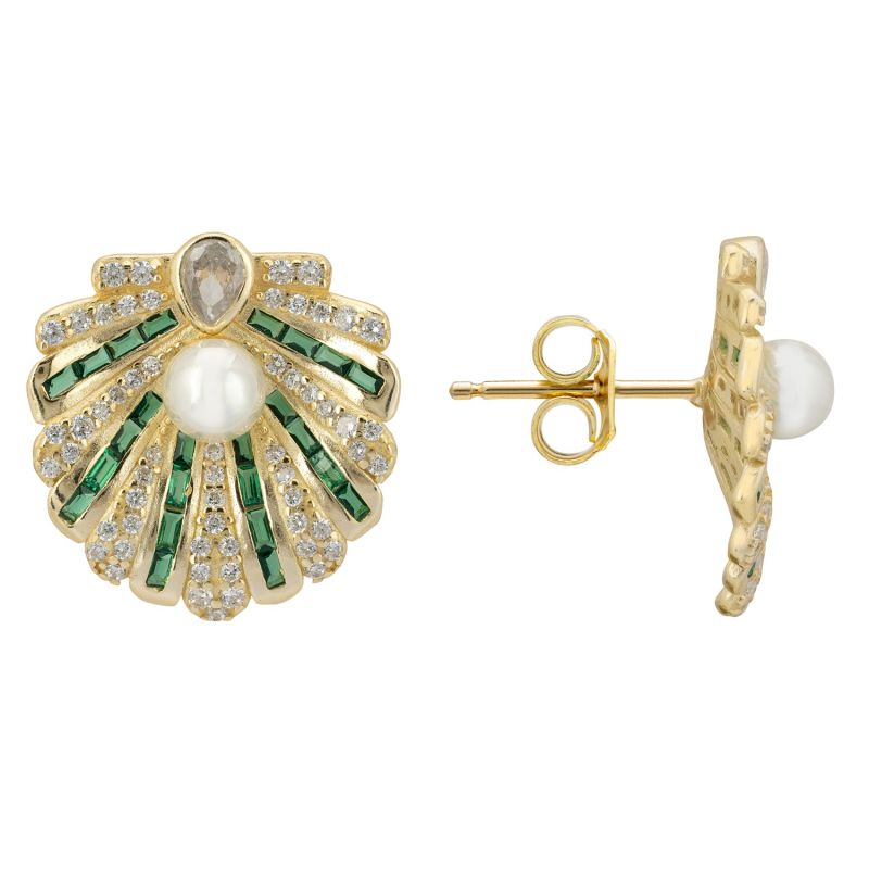 Art Deco Scallop Shell Earrings Emerald Green With Pearl Gold image