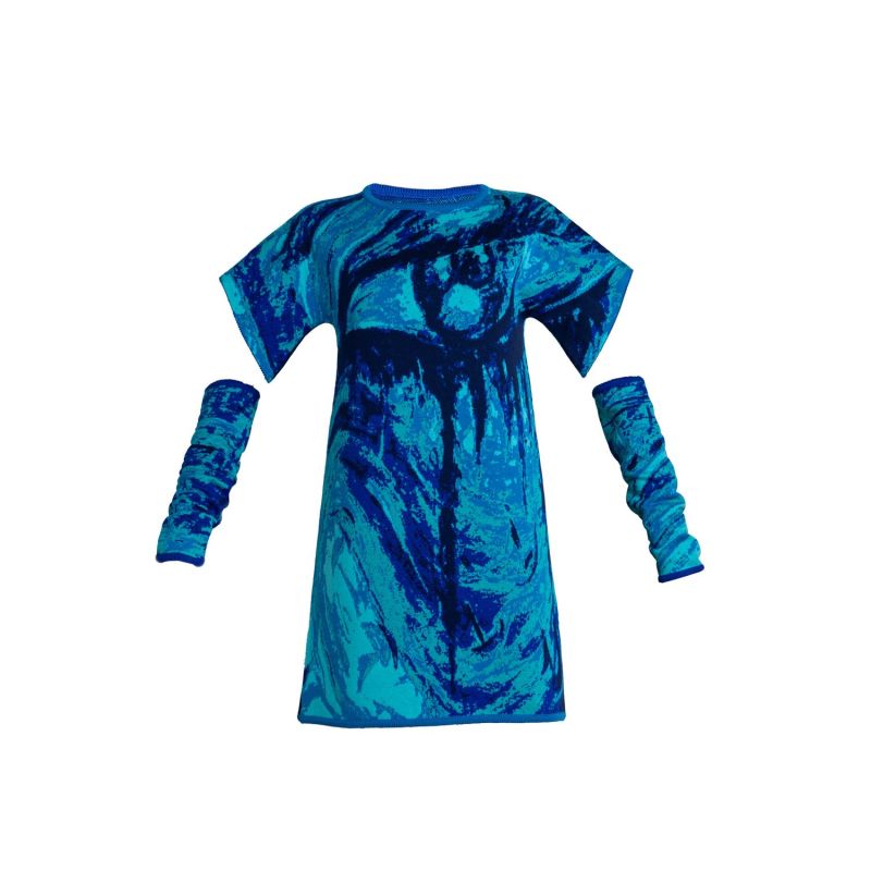 Art Round Neck Dress With Gloves -Royal Blue image