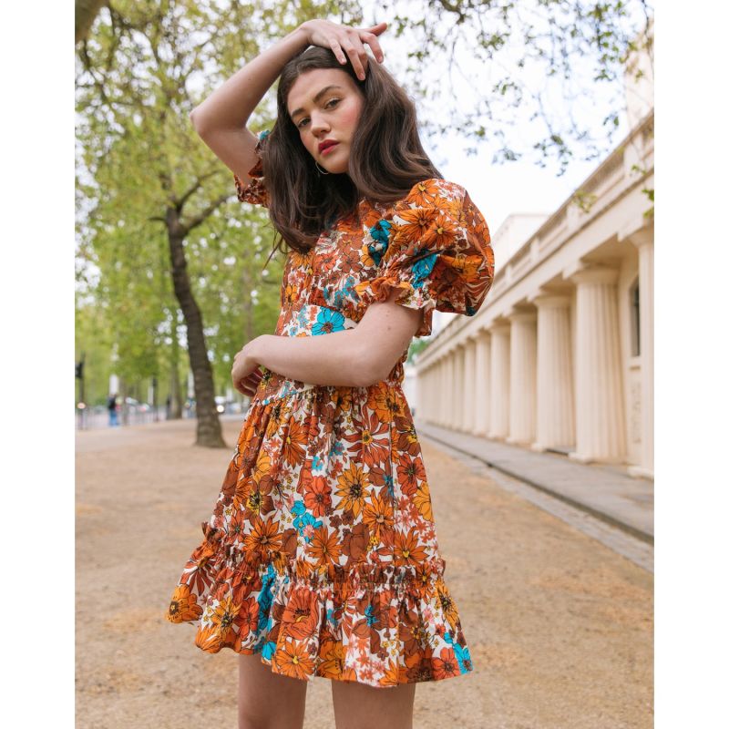 The Amber Open Back Mini Dress In Brown 70S Floral image