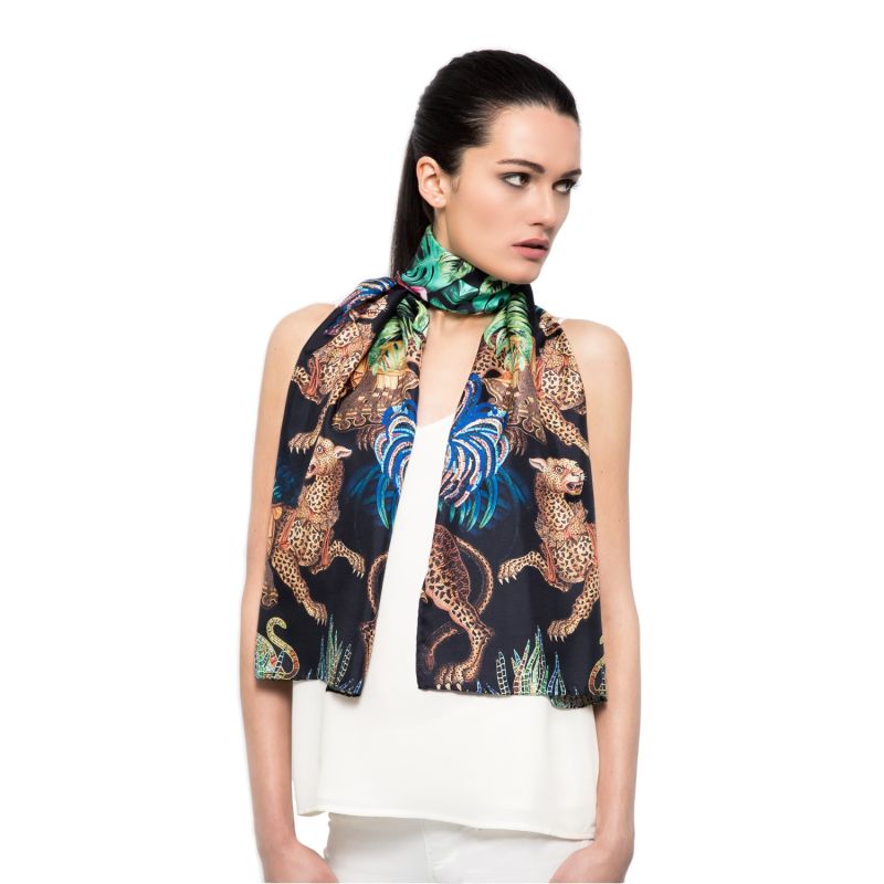 Jungle Depths Black Small Silk Scarf image