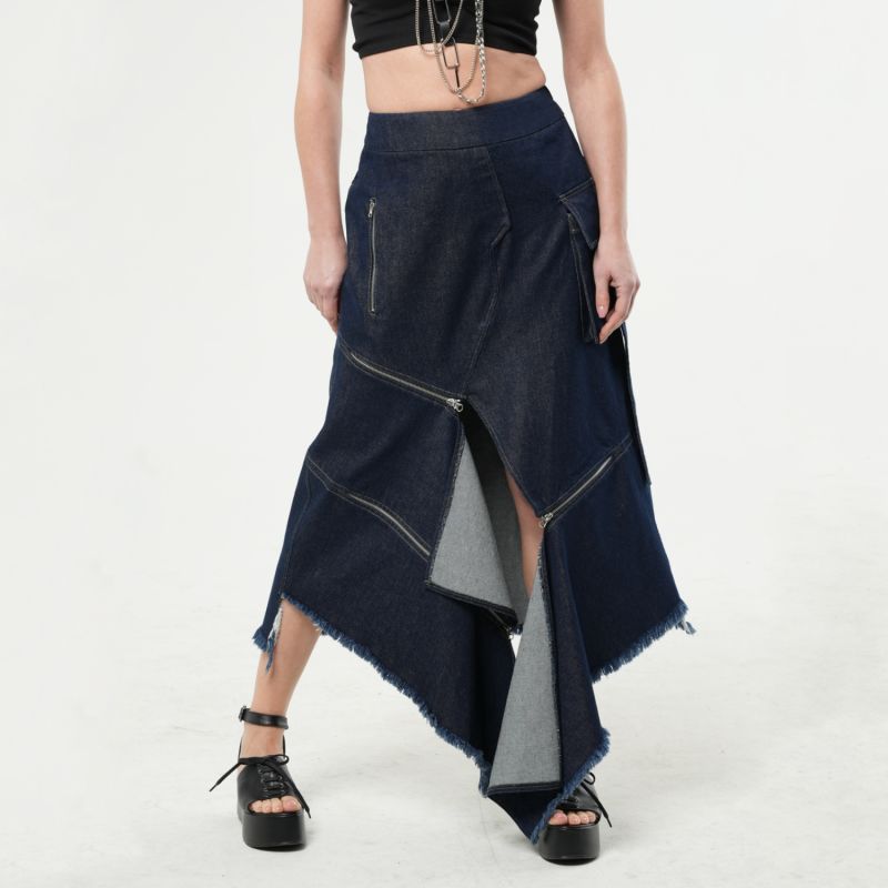 Asymmetric denim skirt with rubber