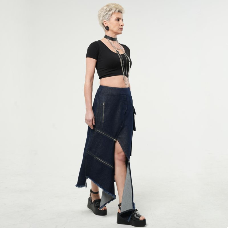 Asymmetric denim skirt with rubber