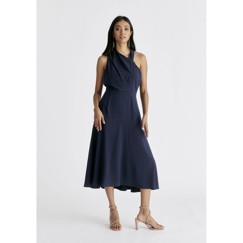 Asymmetric Neck Midi Dress In Navy image