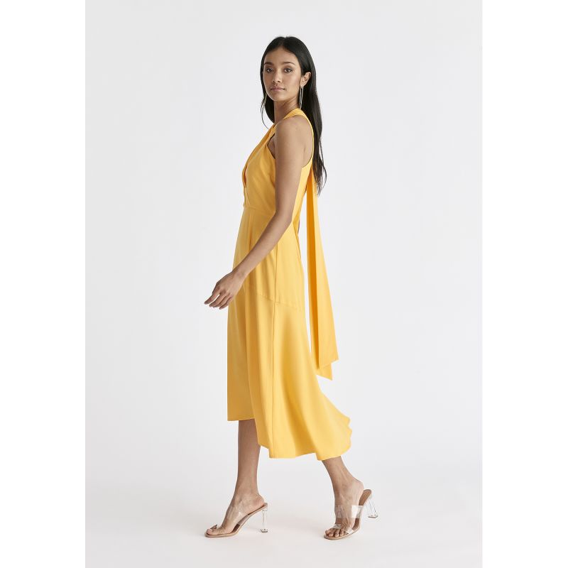 Asymmetric Neck Midi Dress In Yellow image