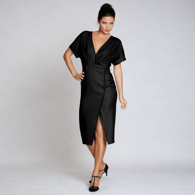 Asymmetric Side Buttoned Cross-Heart Dress - Black image