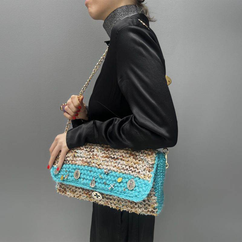 Atlantico  Hand Knitted Bag With Medals - Tan & Blue image