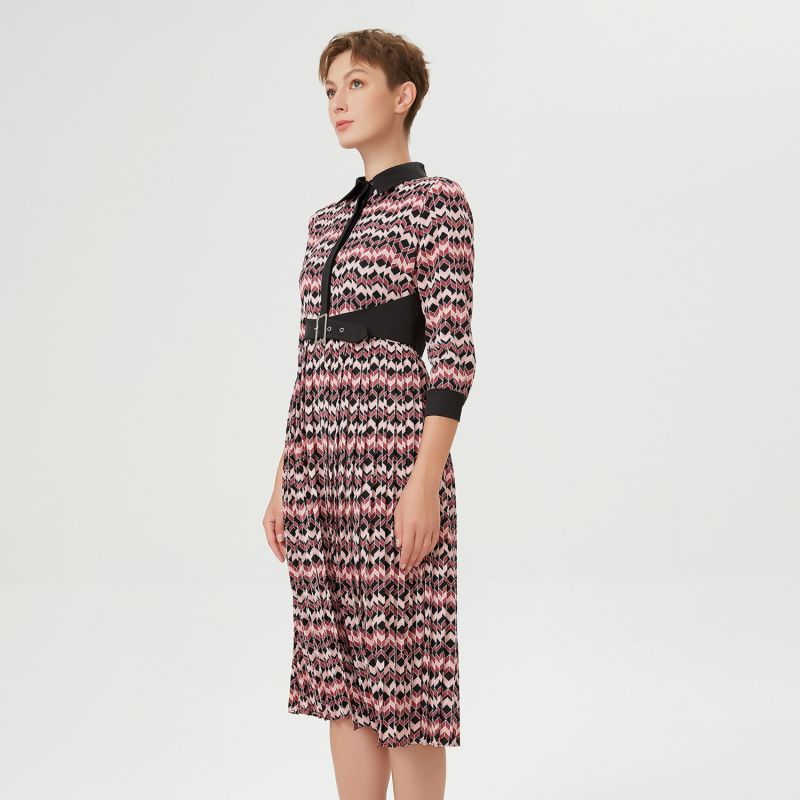 Bi-Material Pleated Shirt Dress With Appliqué Belt & Herringbone Print image