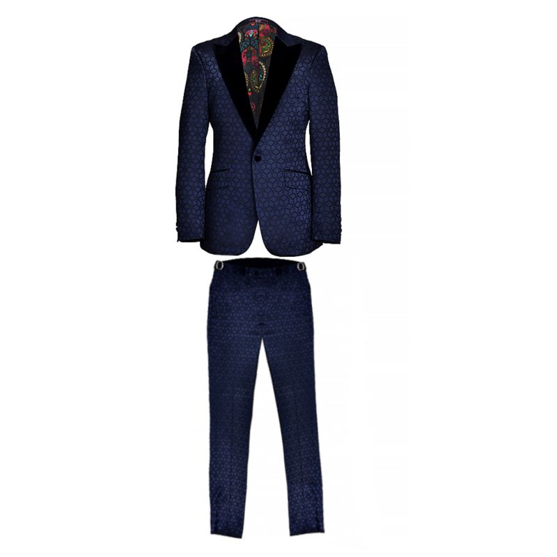 Atticus Single Breasted Jacquard Velvet Peak Lapel Tuxedo - Navy Blue ...