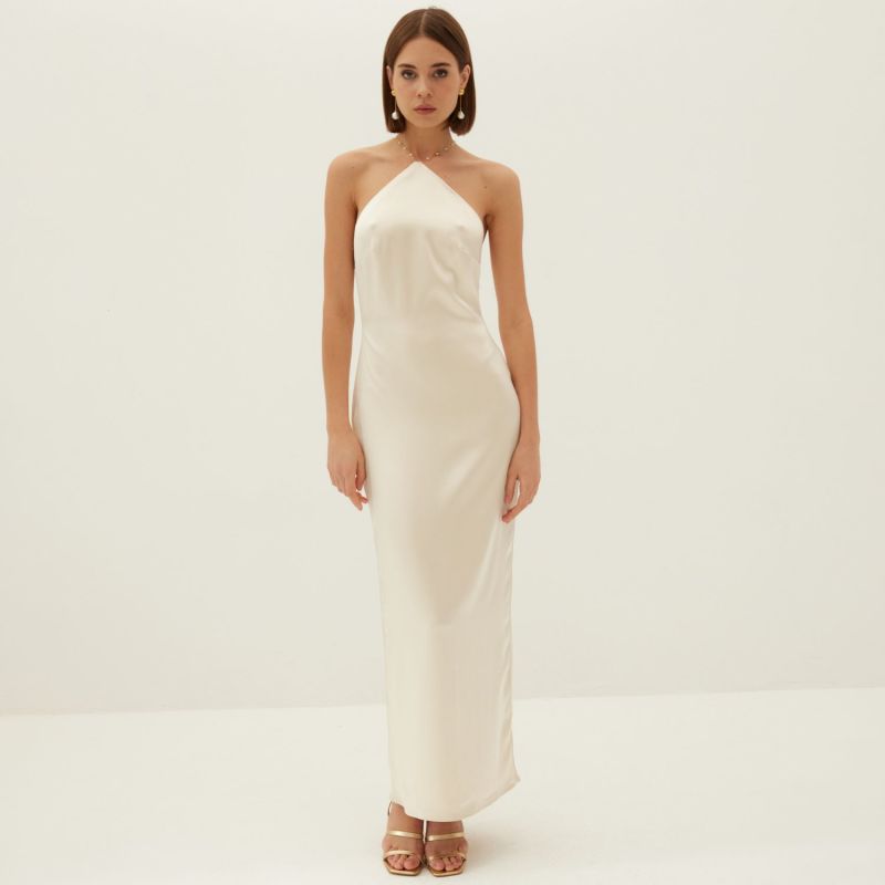 Aubrey Satin Halter Bias Dress - Buttermilk Ivory image