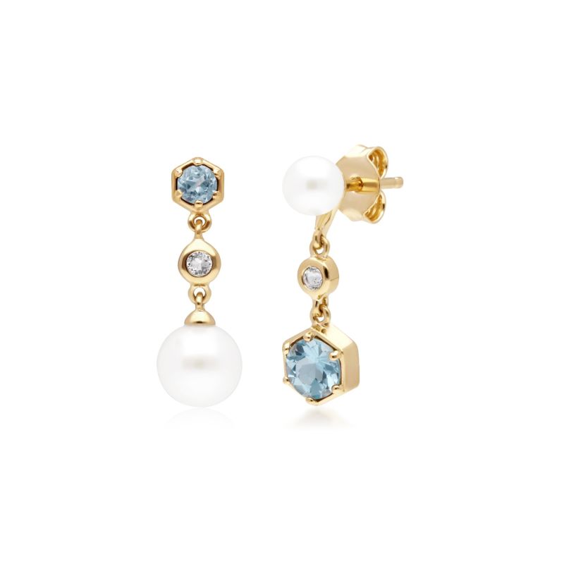 Modern Pearl, White & Blue Topaz Mismatched Drop Earrings In Yellow Gold Plated Sterling Silver image