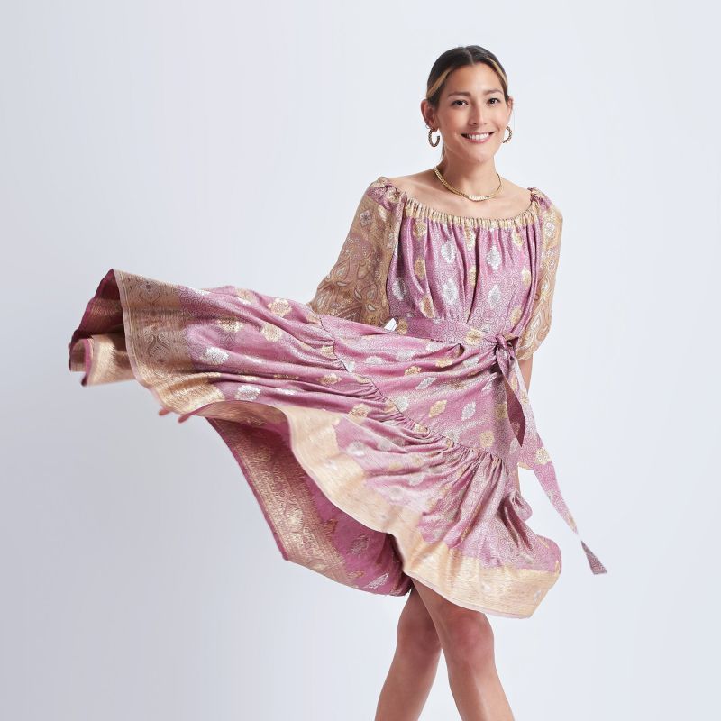 Ausus - Vintage Silk Sari Rose Quartz Pink Maxi Dress image