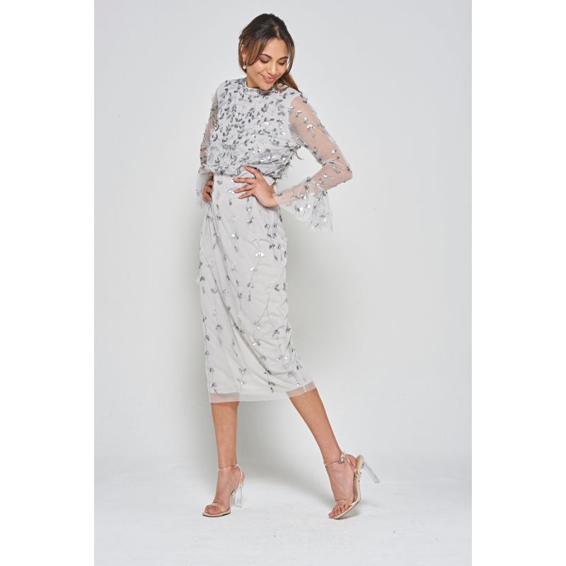 Ava Sequin Midi Dress With Flared Sleeves - Grey image