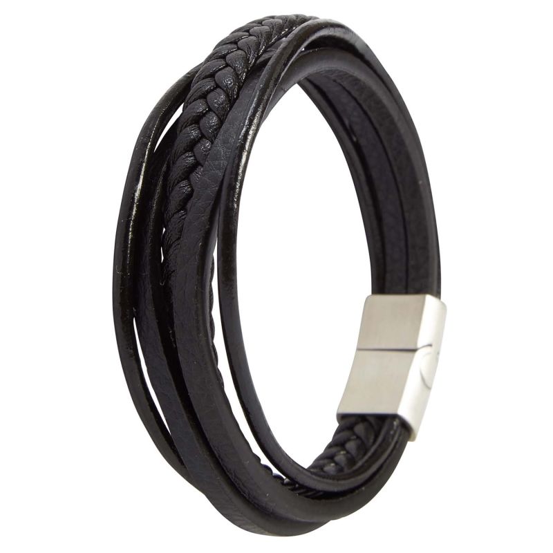 Mens Black 5 Strap Leather Braided Bracelet With Silver Clasp image