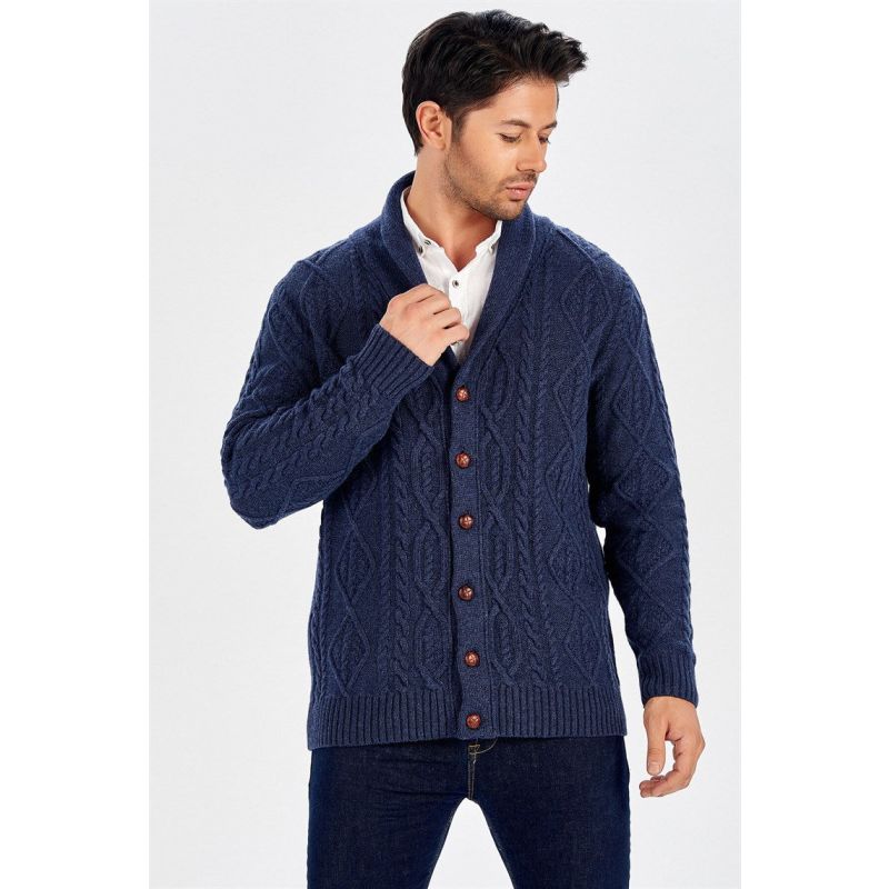 Shawl Collar Cashmere Blend Cable Knit Men's Cardigan - Indigo image