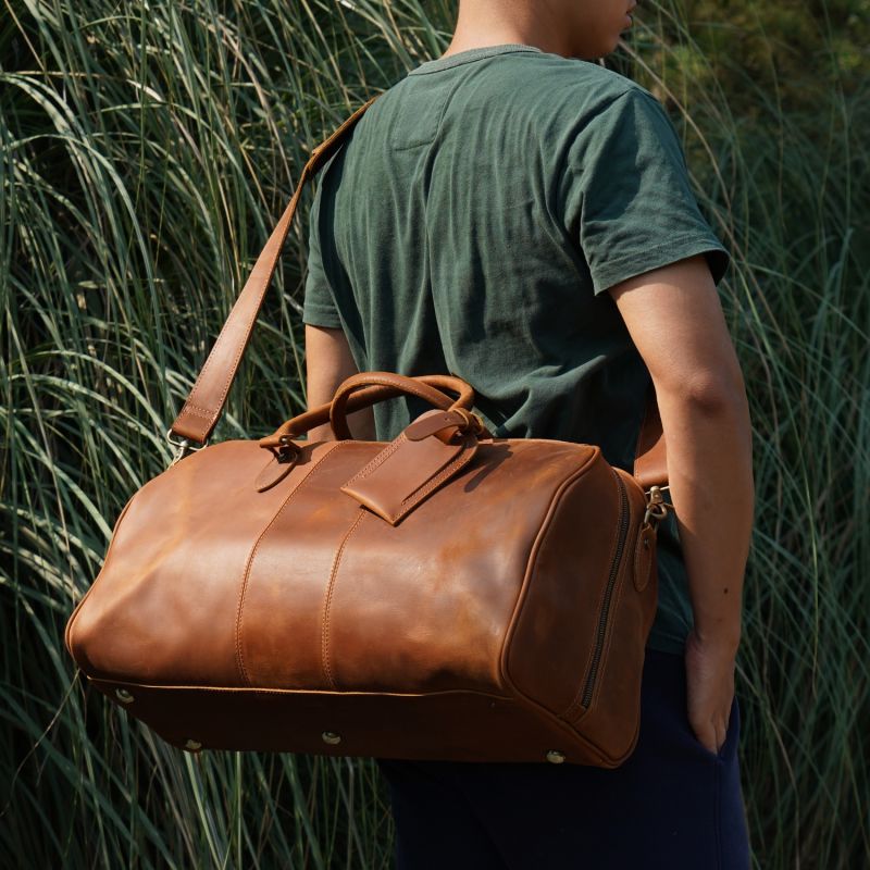 Genuine Leather Duffle With Luggage Tag - Brown image