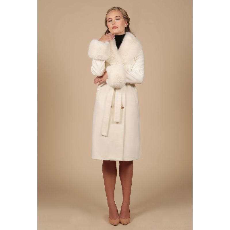 'Marlene' 100% Cashmere & Wool Coat With Faux Fur In White image