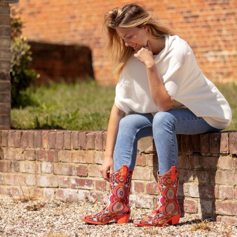 Aztec Funk Bright Orange Cowboy Boot Wellies by Talolo Boots