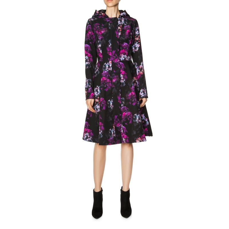 Fit And Flare Black Waterproof Coat With Hydrangea Pattern: Hortense image