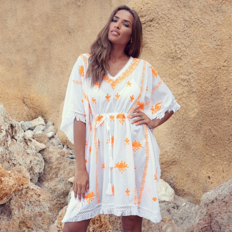 Mykonos White Embroidered Fringed Kaftan image