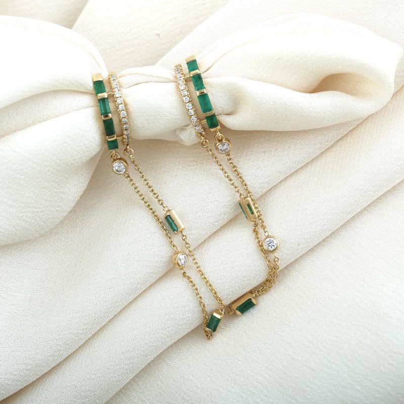 Baguette Emerald & Diamond Double Mixed Fringe Chain Huggies Hoops Earring In 18K Gold image