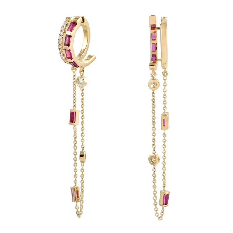 Baguette Ruby & Diamond Double Mixed Fringe Chain Huggies Hoops Earring In 18K Gold image