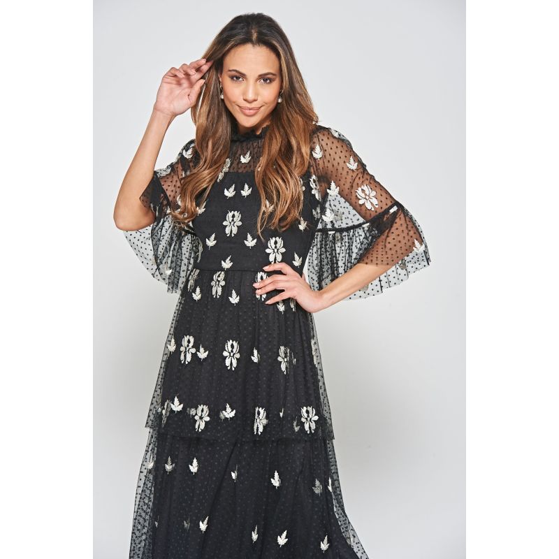 Baia Leaf Embroidered Tiered Maxi Dress - Black image