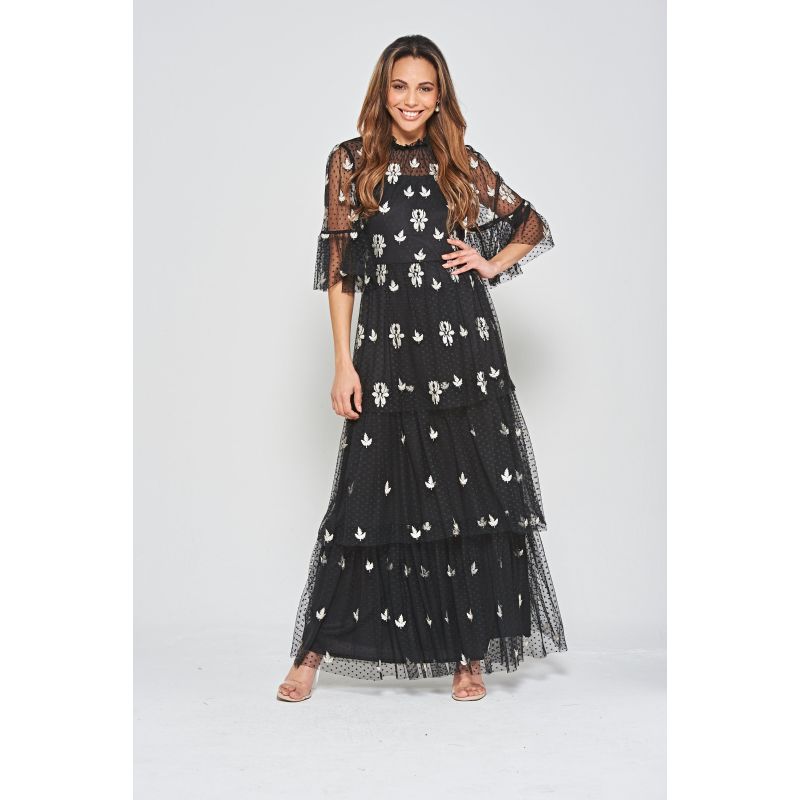 Baia Leaf Embroidered Tiered Maxi Dress - Black image