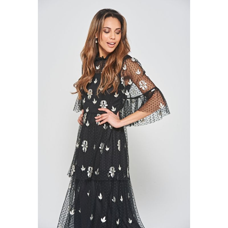 Baia Leaf Embroidered Tiered Maxi Dress - Black image