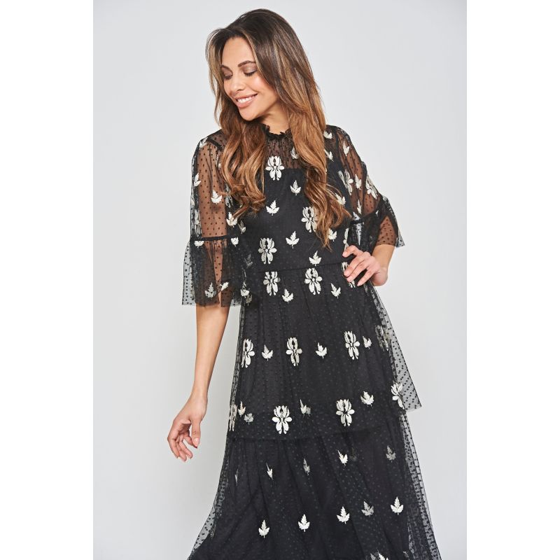 Baia Leaf Embroidered Tiered Maxi Dress - Black image