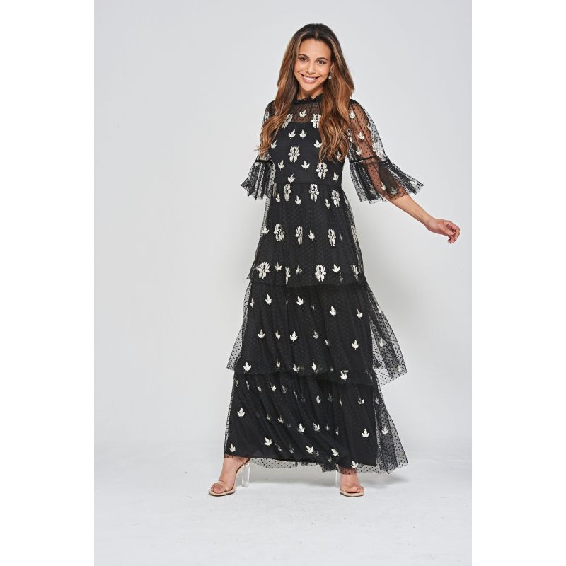 Baia Leaf Embroidered Tiered Maxi Dress - Black image